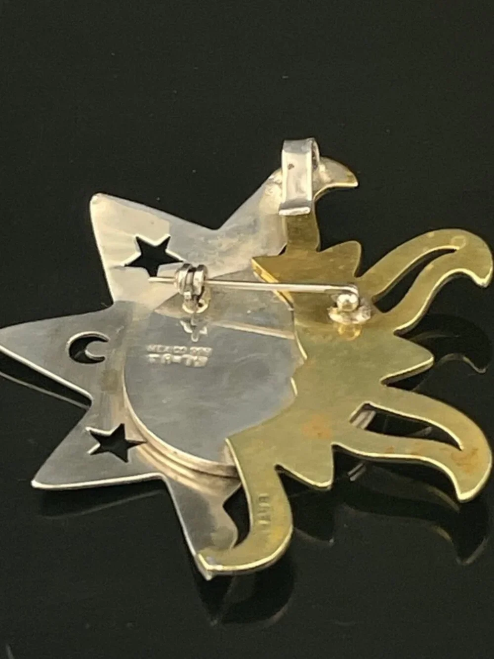 Vintage Mexico 925 Sterling Silver & Brass Celestial Sun Moon Brooch Pin Artisan
